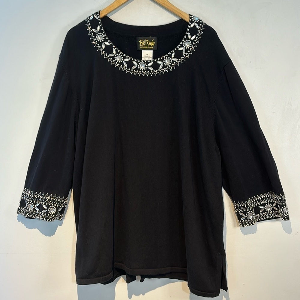 Bob Mackie Black Beaded Pearl Rhinestone Embellished Sweater 3/4 Sleeve Size 3X